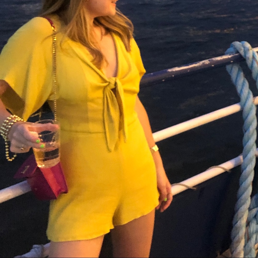 Bloomingdales Aqua Yellow Linen Romper - tie front
